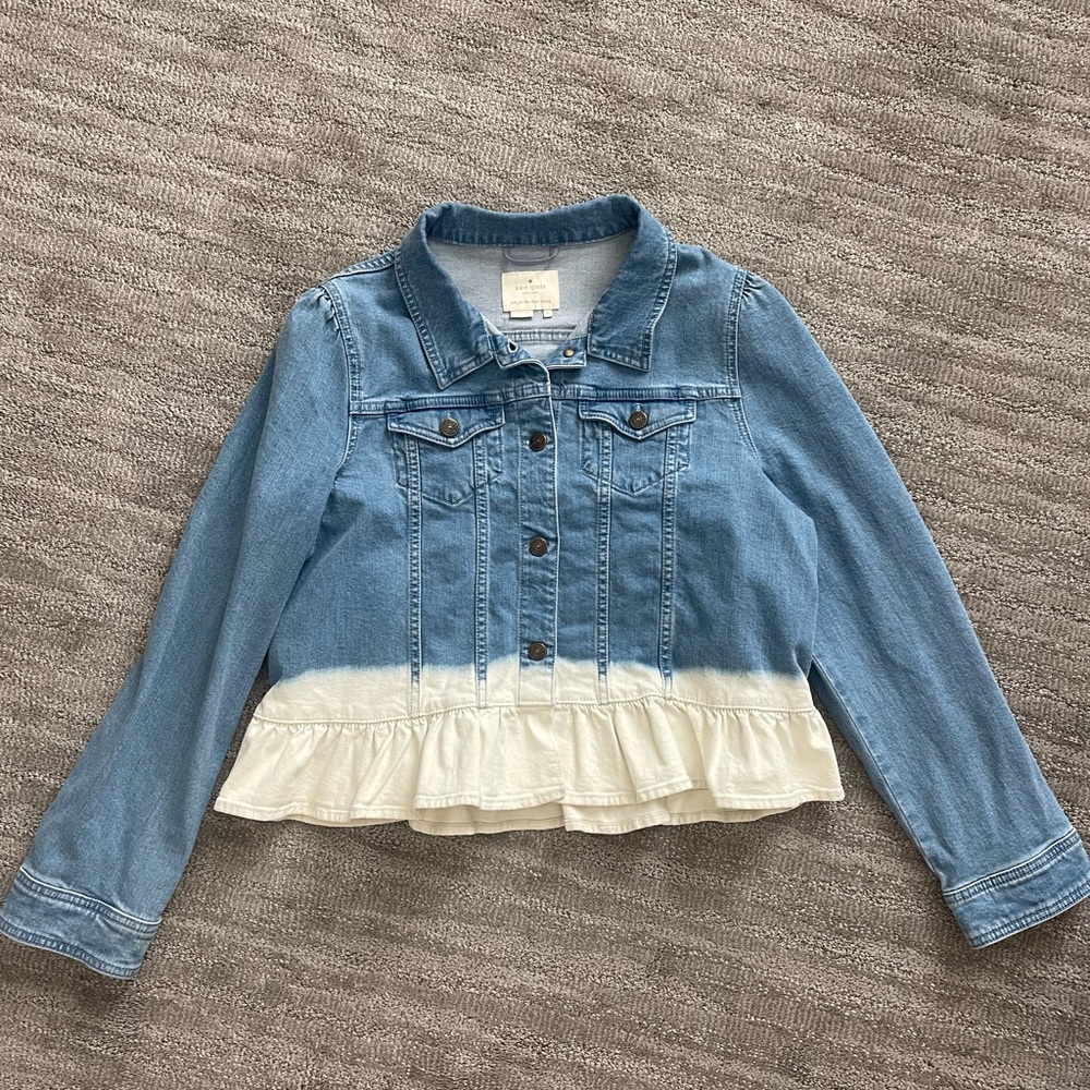 Kate Spade Bleach Dye Peplum Denim Jacket with ruffle detail Women’s Size XL